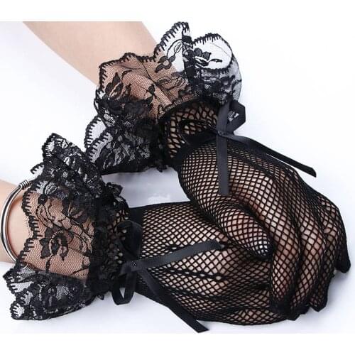 Ladies Elegant Short Lace Gloves New Sheer Fishn Net Black White Prom Party Gloves Females Fashionable Soild Color Mittens