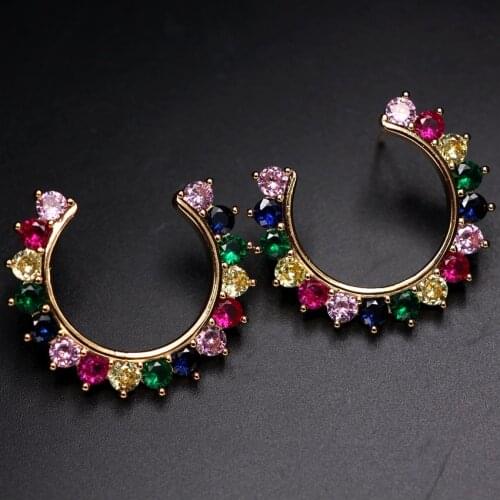 Colourful round flowers shape big Rainbow Stud Earrings pave crystal Zirconias Stone boho gold color gorgeous Earrings for women