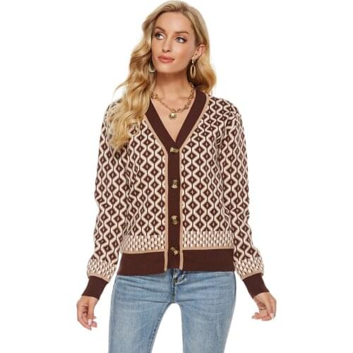 Vintage Argyle Sweater Cardigan Women Autumn Long Sleeve V Neck Single Breasted Elegant Knitted Ladies Sweaters