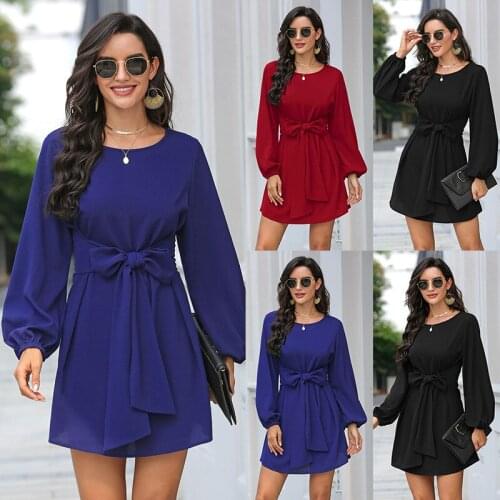 FNOCE 2020 autumn new womens dresses street fashion casual solid long sleeve o-neck slim elegant mini dress (Includes belt)