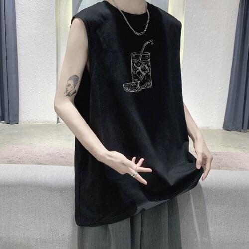 #1518 Black White Gray Blue Korean Streetwear Print Men Vest Summer Casual Loose Jacket Men Sweatshirt Sleeveless Basic Tops