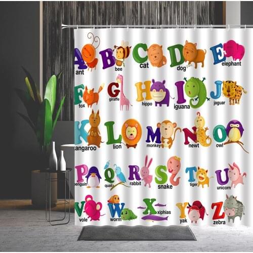 Child Cartoon Bathroom Decor Curtains Kids Baby English Number Alphabet Animal Learning Shower Curtain Home Decoration With Hook