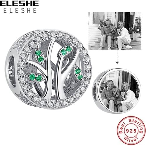 ELESHE Custom Photo Crystal Beads 925 Sterling Silver Family Tree of Life Charm Fit Original Bracelet DIY Jewelry Gift