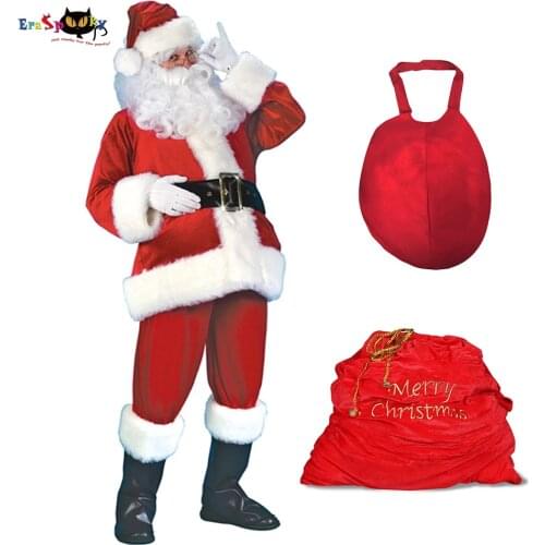 Eraspooky Plus size Deluxe Christmas Outfits Santa Claus Costume For Men Adult New Year Velvet Fancy Dress Hat Belly Gift Bag