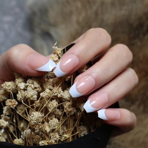 Personality false nails ballet nude color French fake nails coffin fake nails UV bright wedding nails 24pcs full set light pink