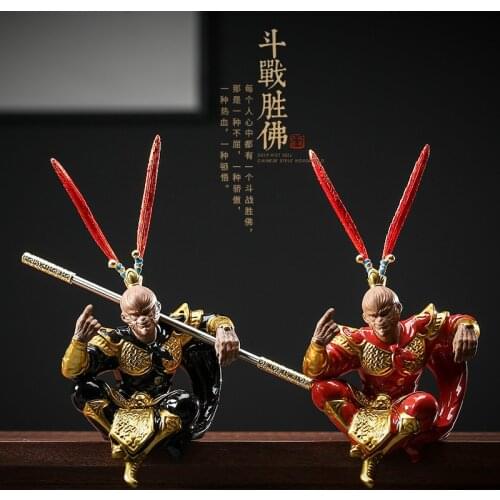 Ceramic statue of Monkey King mythical figure， Original ore purple sand handmade sculpture，Domineering home decoration statue