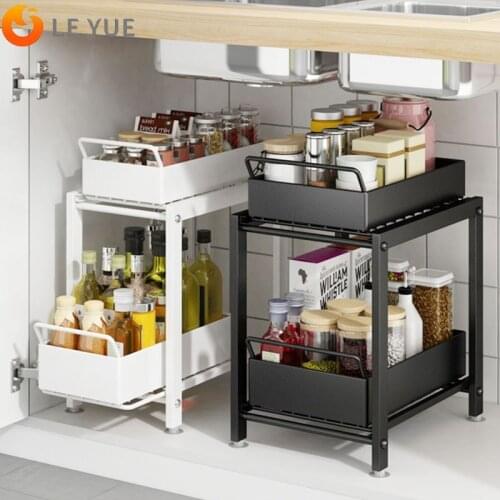 Kitchen Sink Shelf Cabinet Layered Storage Double Layer Pull-out Black Seasoning Rack Kitchen Organizer