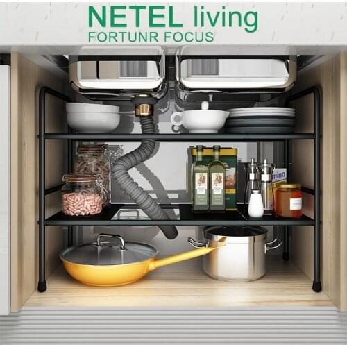 NETEL Under Sink Kitchen Rack Expandable Cabinet Shelf Organizer Shelf with Removable Panels for Bathroom Storage, Black