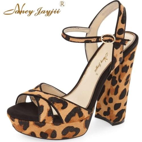 Sexy Womens handmade Leopard Kid-Suede Open Toe High Thick Size 15 Heels Platform Sandals Shoes Woman Babuchas Mujer Nancyjayjii