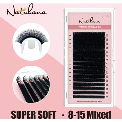 NATUHANA Mix 8~15 mm 16 lines Handmade korean Pbt Eyelash Extension Natural Soft Faux Mink Eyelashes False Lashes for Extension