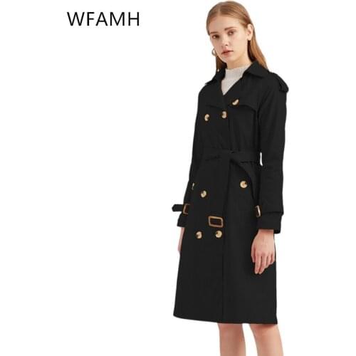 2021 new autumn windbreaker womens long waist cotton fashion jacket long-sleeved lapel double-breasted Polyester Solid Slim