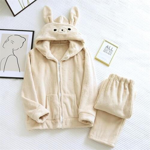 Coral Fleece Cartoon Couple Pajamas Set Female Winter Thick Warm Flannel Pants Male Home Suit Sleepwear Homewear With Hooded