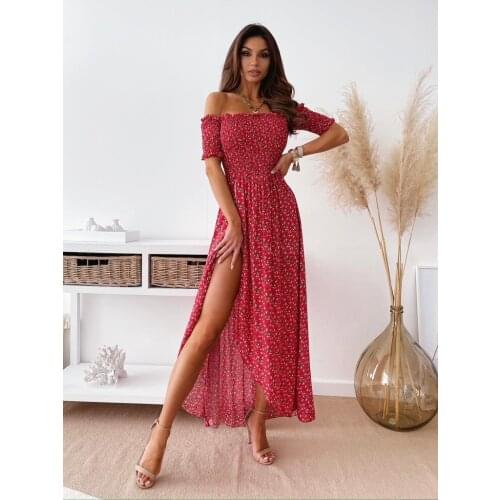 Puloru Elegant Floral Off Shoulder Maxi Dress Women Summer Short Sleeve High Waist A-Line Office Lady High Split Ruffle Dress