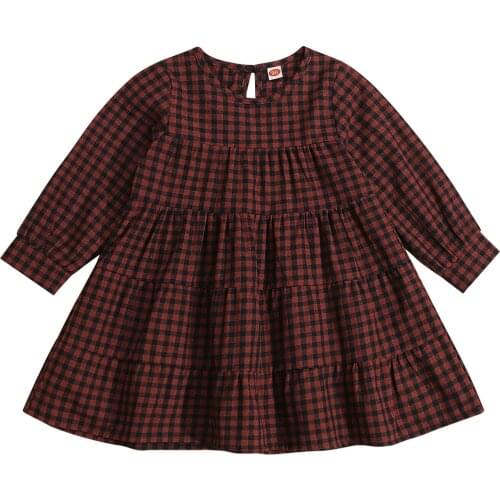 Casual Kids Baby Girls Plaid Long Sleeve Dress Round Collar Loose Ruffle A-Line Dress Party Daily Autumn Spring Children Clothes