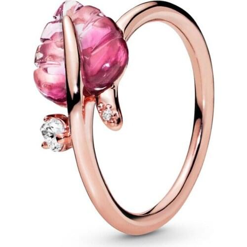 Authentic 925 Sterling Silver Pink Murano Glass Leaf Fashion Ring For Pandora Women Bead Charm Gift DIY Jewelry