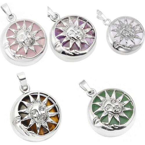 TUMBEELLUWA Natural Crystal Stone Sun Moon Pendant Fit Necklace,Healing Reiki Jewelry for Women Men