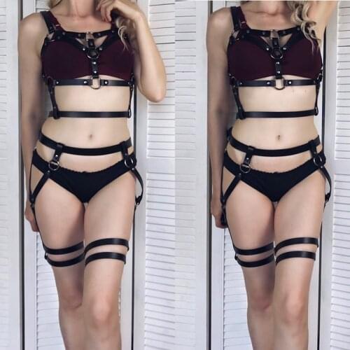 Fullyoung Dark Rock Street Strap Leather Harness Underwear 2 Piece Set Garter Women Sexy Body Cage Belts Waist To Leg Bondage