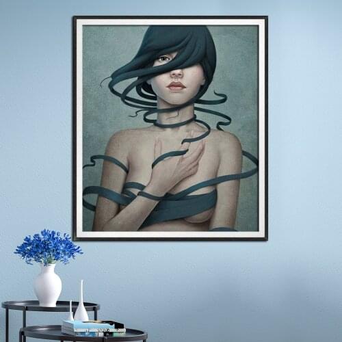 Modern Figure Characters Girl with Blue Hair and Blue Ribbons Canvas Painting Nordic Prints and Posters Wall Pictures for Decor