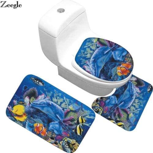Zeegle 3Pcs Bath Mats Ocean Underwater World Mat For Toilet Anti Slip Bathroom Mat Set Floor Mats Washable Bathroom Toilet Rugs