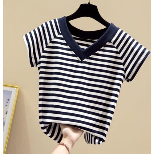 Women 2021 Short Sleeve Striped Tops Tshirt Summer Cotton T-shirt Women V-Neck Tee Shirt Femme White Plus Size T shirt Women