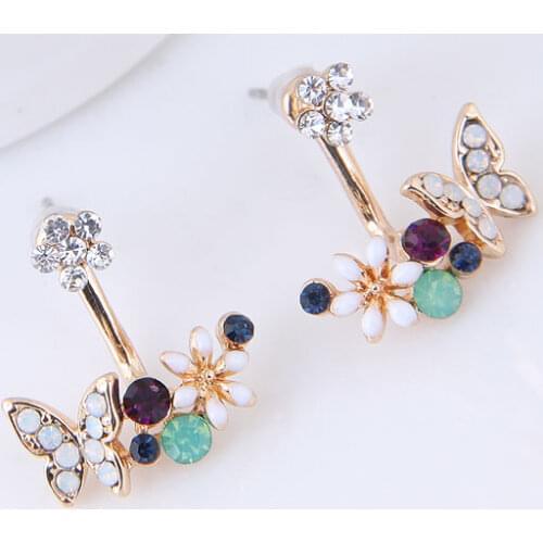 New brincos crystal flower Double Side butterfly shape Earring For Women Gold color Crystal Stud Earrings Jewelry