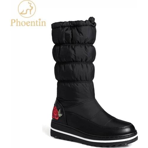 Phoentin black women boots winter 2019 flower appliques snowboots warm down cloth pu leather patchwork ladies footwear FT574
