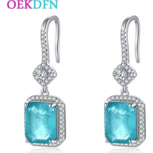 OEKDFN 100% Vintage 925 Sterling Silver Drop Earrings Women Paraiba Tourmaline Gemstone Dangle Diamonds Earrings Fine Jewelry