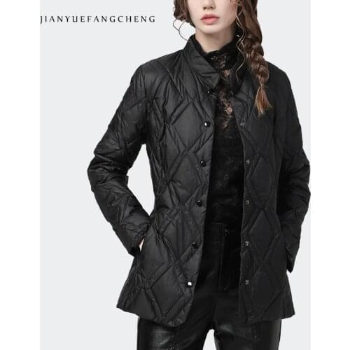 Fashion Lightly Down Jacket Women' 2020 Winter New Black Slim White Duck Down Coat Rhombus Pattern Casual Korean Ladies Down Top