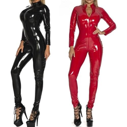 Women Bodysuit Double Zipper Exotic Open Crotch Catsuit Lingerie Sexy Costume Shiny PU Leather Latex Jumpsuit Clubwear Plus Size