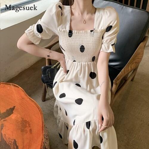 Korean Style Vintage Short Sleeve Summer Dress Women Square Collar Polka Dot Long Dress Female Casual Dresses Vestidos New 14105