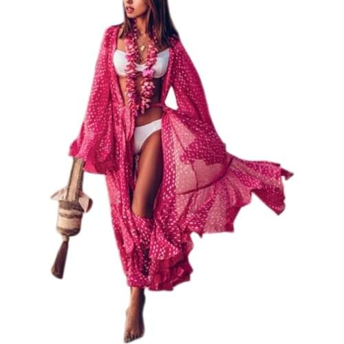 Women Bikini Swimsuit Cover Up Flare Sleeve Chiffon Belted Kimono Cardigan Polka Dot Ruffles Rose Red Maxi Beach Dress