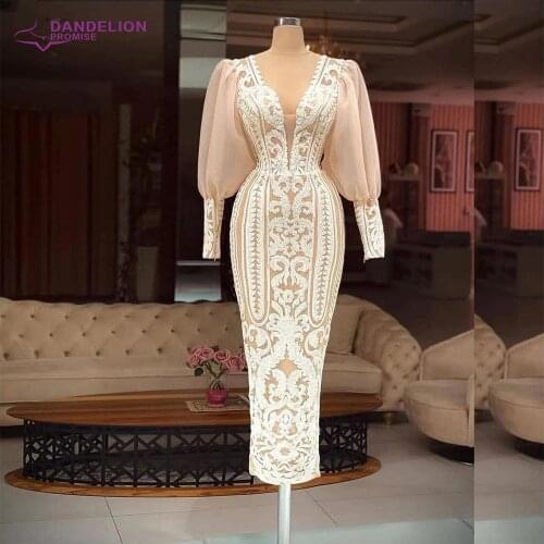 Long Sleeves Champagne Lace Arabic Evening Dress For Women 2021 V Neck Mermaid Sequined Crystal Formal Party Gowns