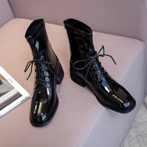 2020 Korean design genuine leather lace-up Martin boots sleeve womens short boots dark black womens shoes