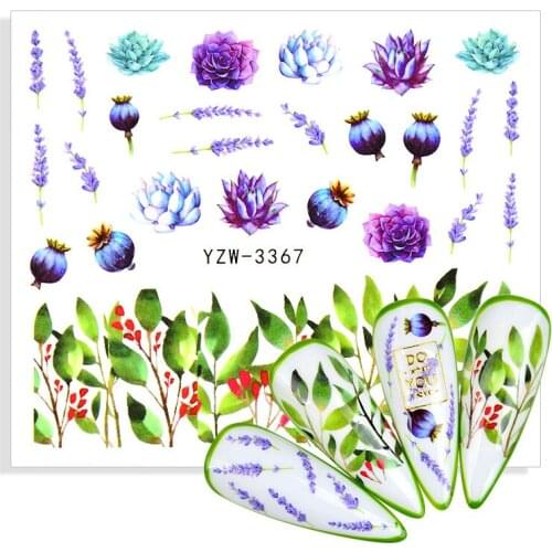 2021 New Nail Art Stickers Purple Flowers Lavender Green Leaf Branches Stickers Decoration Manicure Slider Nail Art Decorations