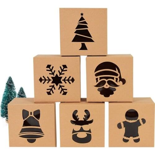 5Pcs Christmas Tree Gift Box With Clear Window Xmas Elk Kraft Paper Candy Apple Boxes For Christmas New Year Party Gifts Packing