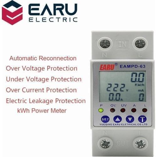 63A 230V Display Adjustable Current Earth Leakage Protection Over Under Voltage Protector Relay Device Energy Power kWh Meter