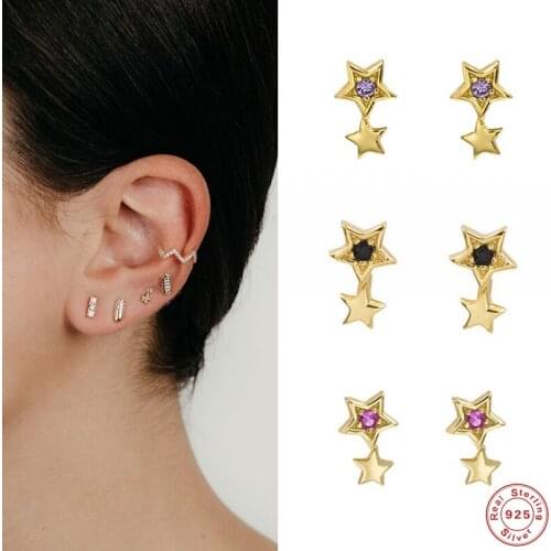 BOAKO 925 Sterling Silver Double Star Stud Earrings For Women Girls Gift Purple Black Zircon Crystal Ear Stud Party Fine Jewelry