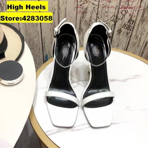Summer sexy lady fashion womens Shoes Casual Designer Black leather one strappy Sandal metal High heels Gladiator Zapatos Mujer