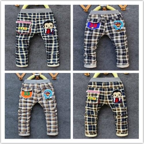 New Boy pants kid Cartoon casual plaid pant Elastic Waist fashion spliced baby straight trousers checkered pattern monkey jeans
