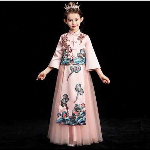 Kids Girl Chinese Traditional Cheongsam Hanfu Tang Suit Fairy Princess Qipao Dress Children New Year Festival Guzheng Outfit Set