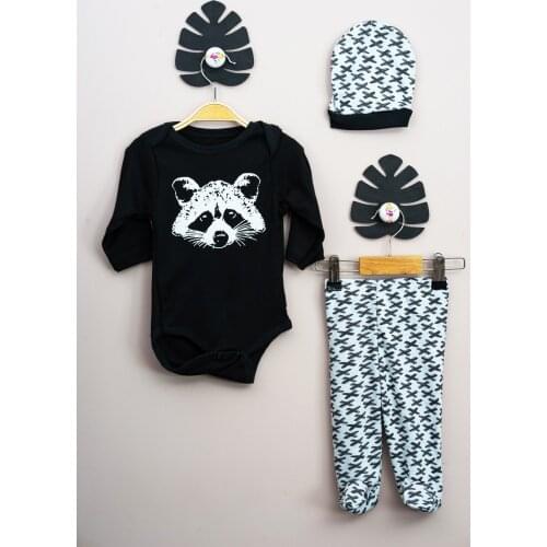 Newborn Essentials Unisex Baby Black Raccoon Clothing Set 3 Pcs 0-9 Months Free Shipping Turkey