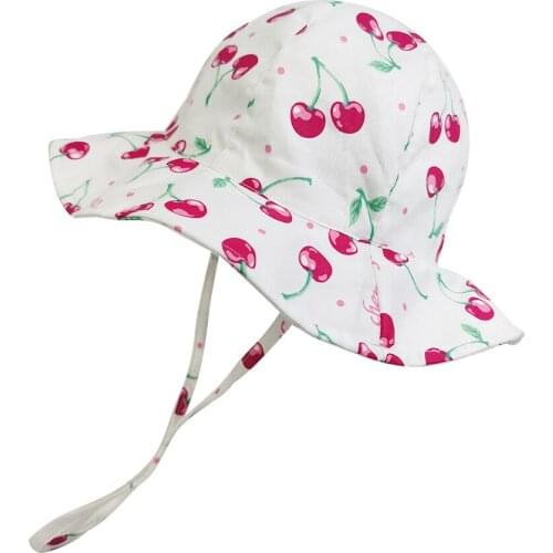 Summer Hat Girl Kids Sun Beach Bucket Hat Cherry Wide Brim Strap Cap UV Protection Breathable Outdoor Accessory Baby Swimming