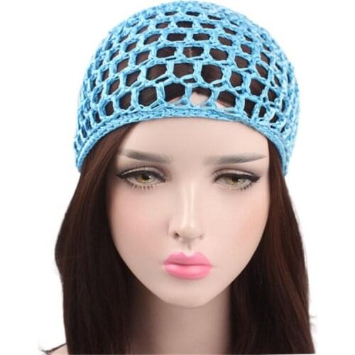 Hot Sale Womens Mesh Hair Net Crochet Cap Solid Color Snood Sleeping Night Cover Turban Hat Popular Casual Beanie Chemo Hats