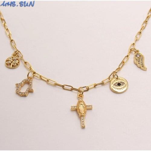MHS.SUN Religious Cross/Hand/Eye Pendant Chain Necklace Mosaic Zircon Choker Necklace For Women/Girls Vintage Jewelry 1Pc