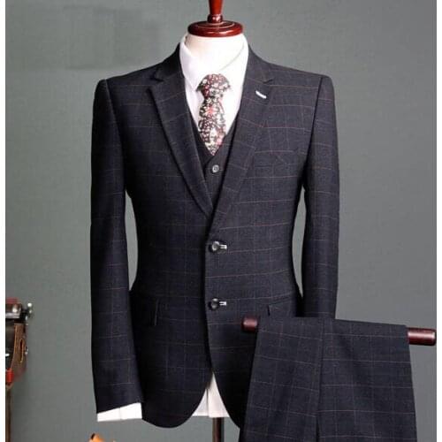 Custom Made TWo Buttons Plaid Men Suits mens Blue Three piece suits Korean casual suit business dress/men wedding suits 2017