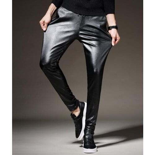 Leather pants mens feet pants Elastic waist drawstring fashion motorcycle pu trousers for men personality pantalon homme black