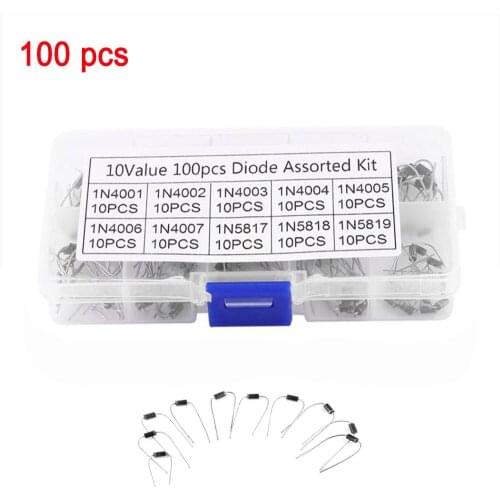 100Pcs Values Rectifier Diode Assorted Kit 1N4001/1N4002/1N4003/1N4004/1N4005/1N4006/1N4007/1N5817/1N5818/1N5819