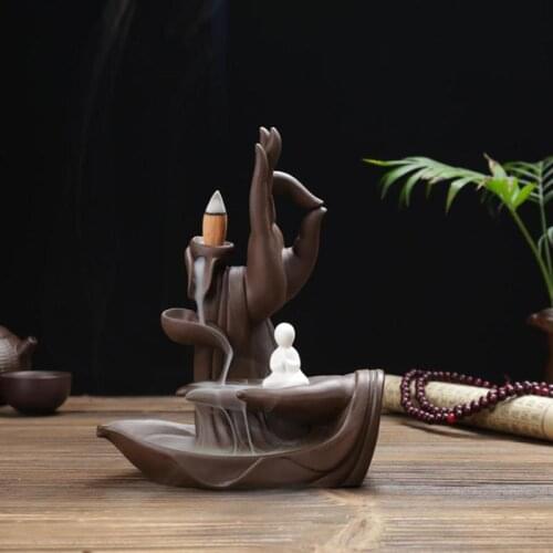 Backflow Incense Burner Buddha Hand Feng Shui Elegant Lotus Smoked Incense Burner Holder Home Living Room Decoration