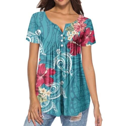 HYCOOL Drop Shipping Hawaiian Hibiscus Print Summer Women Short Sleeve Pleated Buckle Shirt New Ladies Tops 2021 Fashion Blouses
