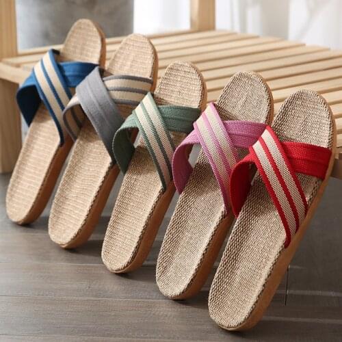 Summer slippers four seasons lovers indoor linen slippers non slip thick soled woven floor slippers
